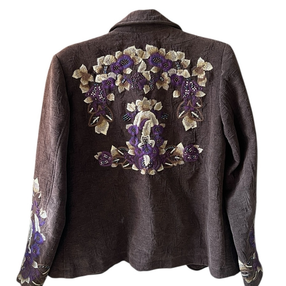Coldwater Creek Sz 8 Brown Corduroy Purple Embellished Embroidered Open Blazer